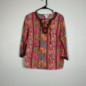 Caribbean Joe Paisley Print Lace Up Blouse Top